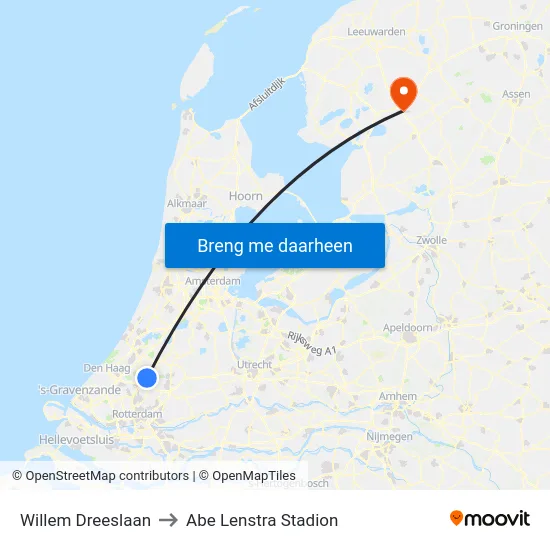 Willem Dreeslaan to Abe Lenstra Stadion map