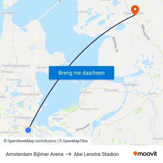 Amsterdam Bijlmer Arena to Abe Lenstra Stadion map