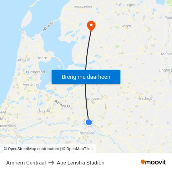 Arnhem Centraal to Abe Lenstra Stadion map