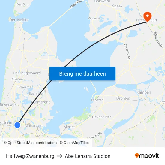 Halfweg-Zwanenburg to Abe Lenstra Stadion map