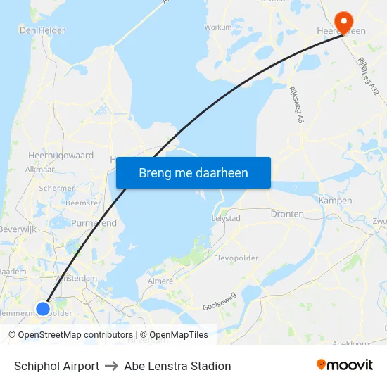 Schiphol Airport to Abe Lenstra Stadion map