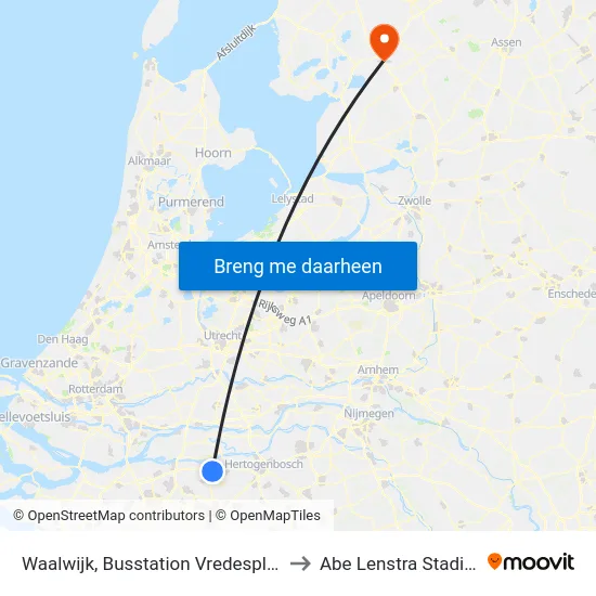 Waalwijk, Busstation Vredesplein to Abe Lenstra Stadion map