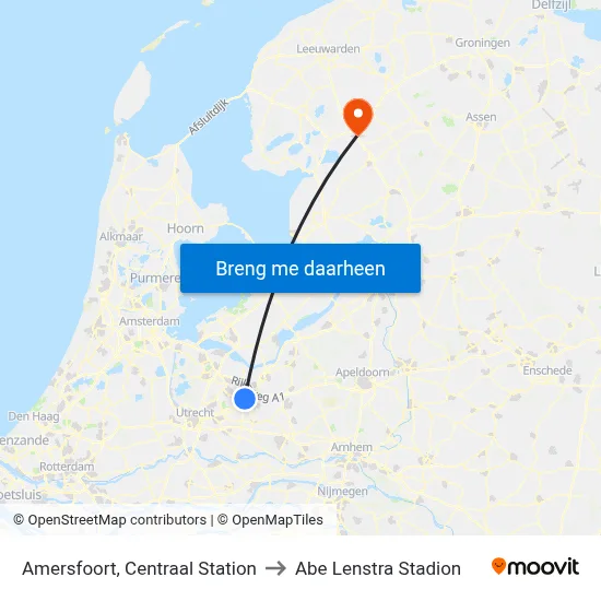 Amersfoort, Centraal Station to Abe Lenstra Stadion map