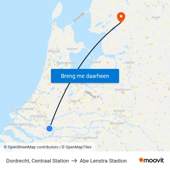 Dordrecht, Centraal Station to Abe Lenstra Stadion map