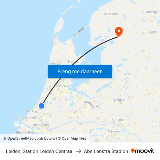 Leiden, Station Leiden Centraal to Abe Lenstra Stadion map