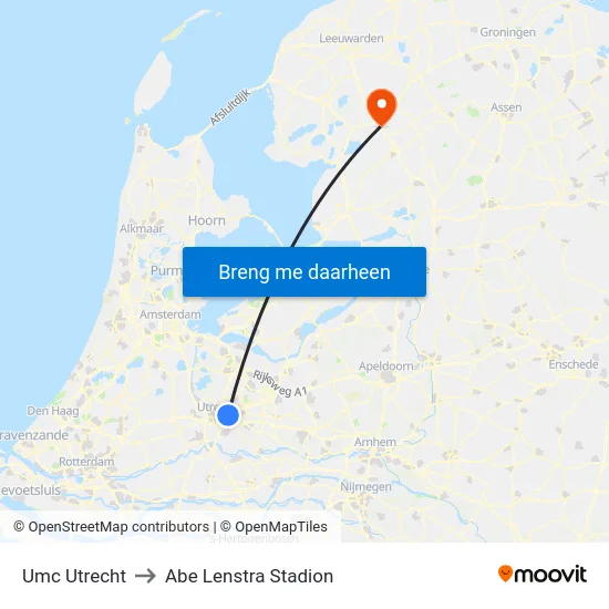 Umc Utrecht to Abe Lenstra Stadion map