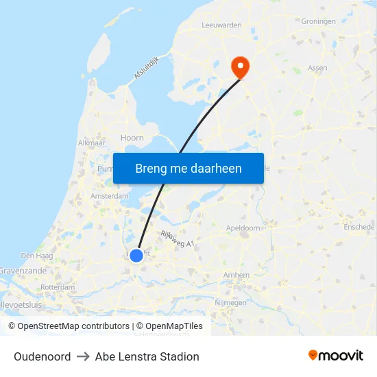 Oudenoord to Abe Lenstra Stadion map