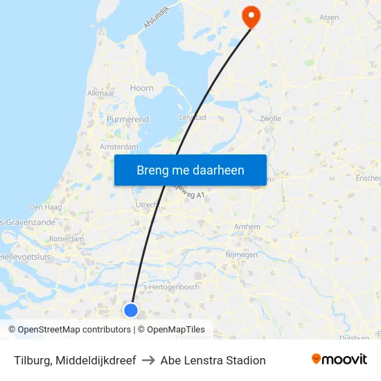 Tilburg, Middeldijkdreef to Abe Lenstra Stadion map