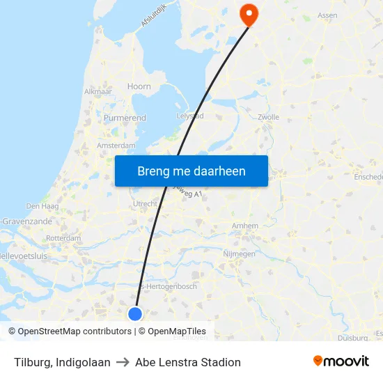 Tilburg, Indigolaan to Abe Lenstra Stadion map