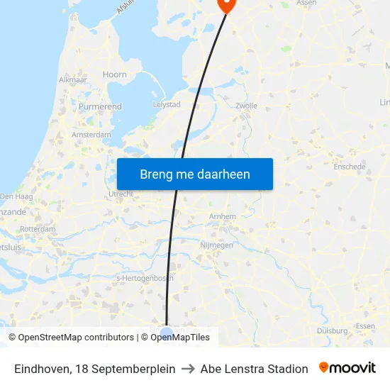 Eindhoven, 18 Septemberplein to Abe Lenstra Stadion map