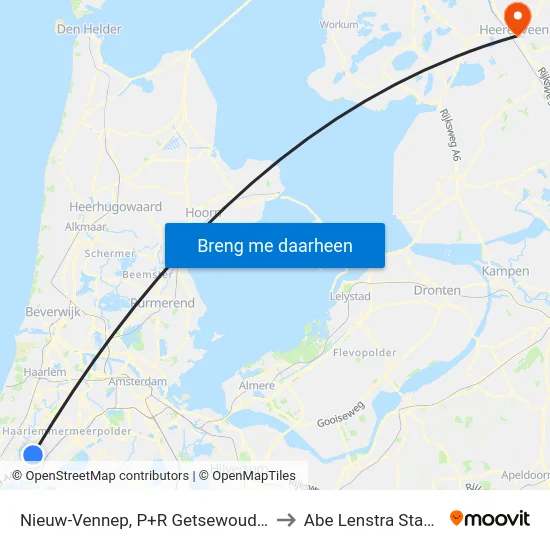 Nieuw-Vennep, P+R Getsewoud Zuid to Abe Lenstra Stadion map
