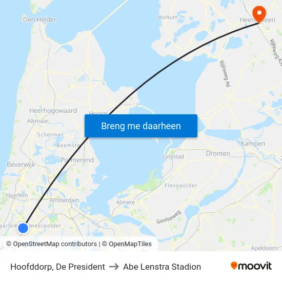 Hoofddorp, De President to Abe Lenstra Stadion map