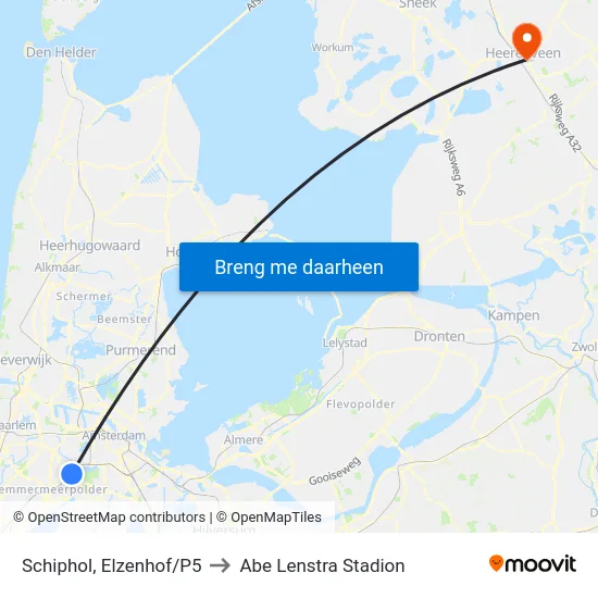 Schiphol, Elzenhof/P5 to Abe Lenstra Stadion map