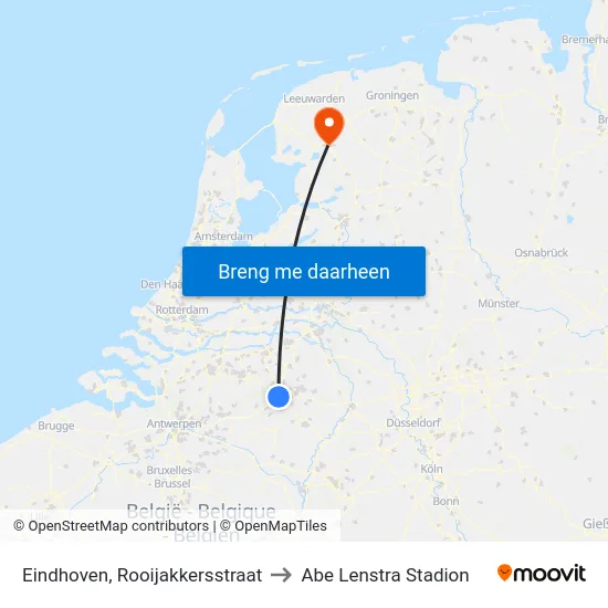 Eindhoven, Rooijakkersstraat to Abe Lenstra Stadion map