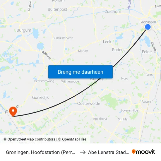 Groningen, Hoofdstation (Perron Z) to Abe Lenstra Stadion map