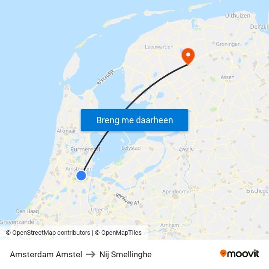 Amsterdam Amstel to Nij Smellinghe map