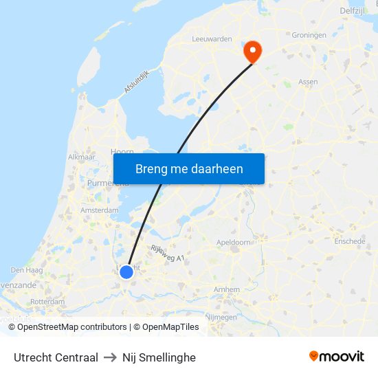 Utrecht Centraal to Nij Smellinghe map