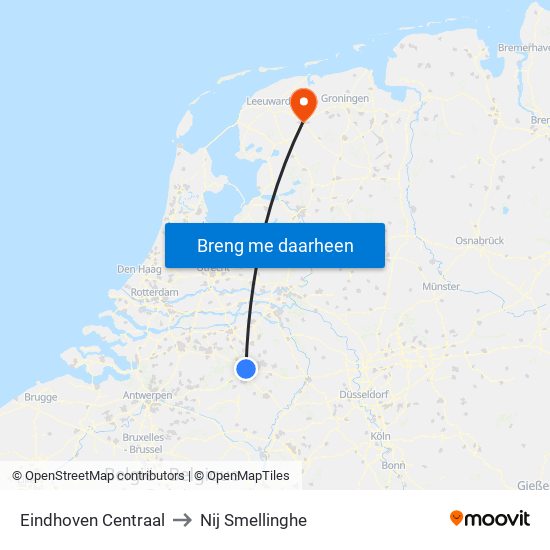 Eindhoven Centraal to Nij Smellinghe map