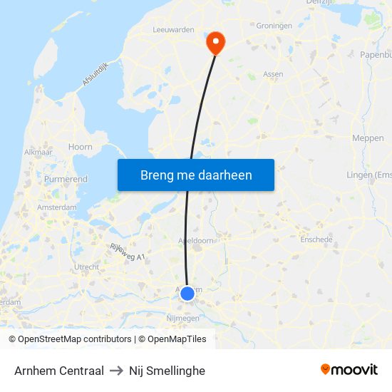 Arnhem Centraal to Nij Smellinghe map