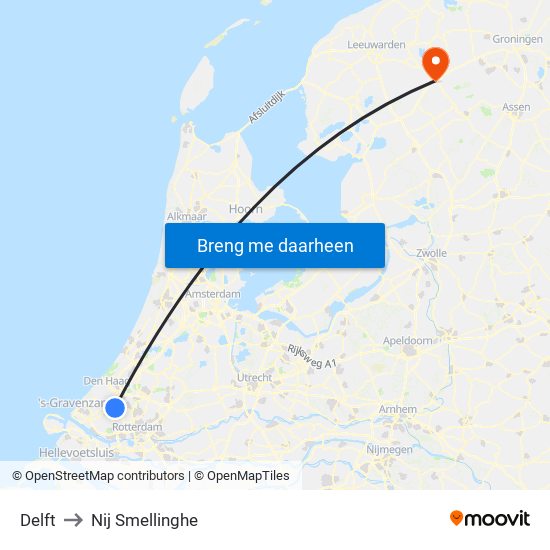 Delft to Nij Smellinghe map