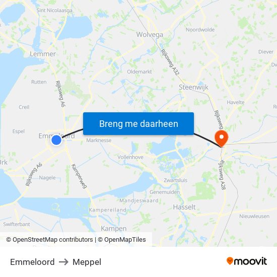 Emmeloord to Meppel map
