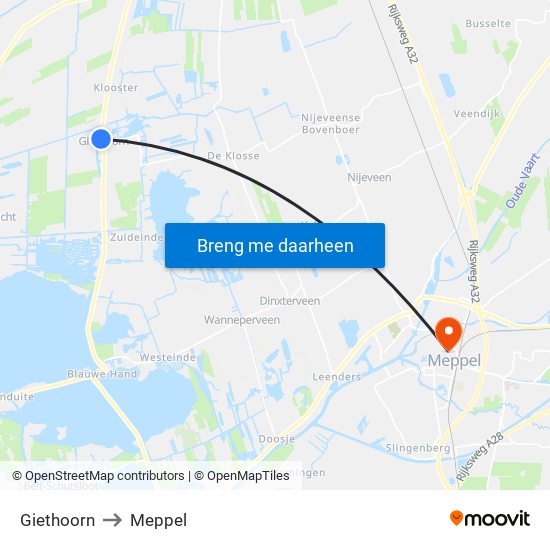 Giethoorn to Meppel map