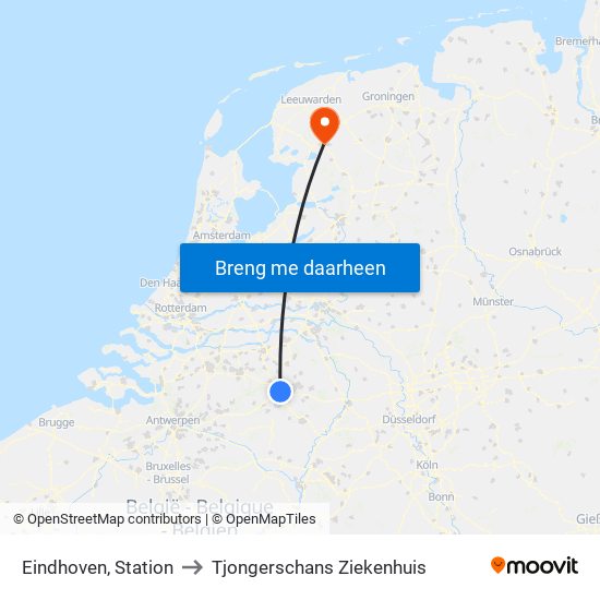 Eindhoven, Station to Tjongerschans Ziekenhuis map