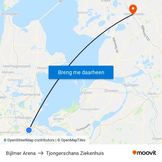 Bijlmer Arena to Tjongerschans Ziekenhuis map