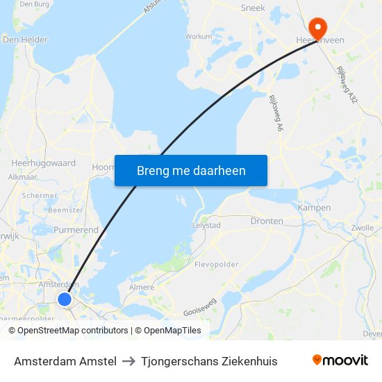 Amsterdam Amstel to Tjongerschans Ziekenhuis map