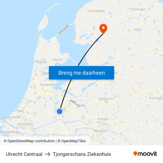 Utrecht Centraal to Tjongerschans Ziekenhuis map