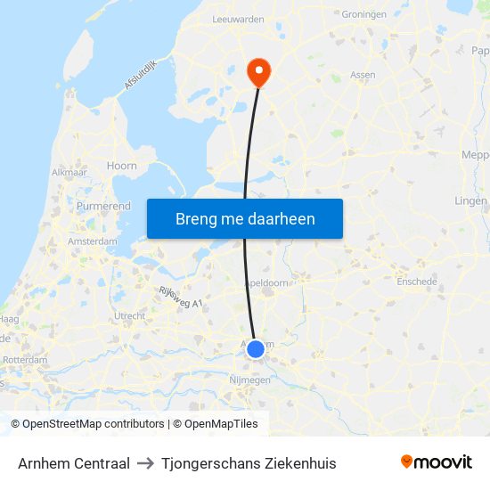 Arnhem Centraal to Tjongerschans Ziekenhuis map