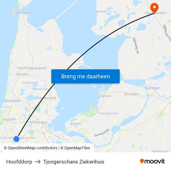 Hoofddorp to Tjongerschans Ziekenhuis map