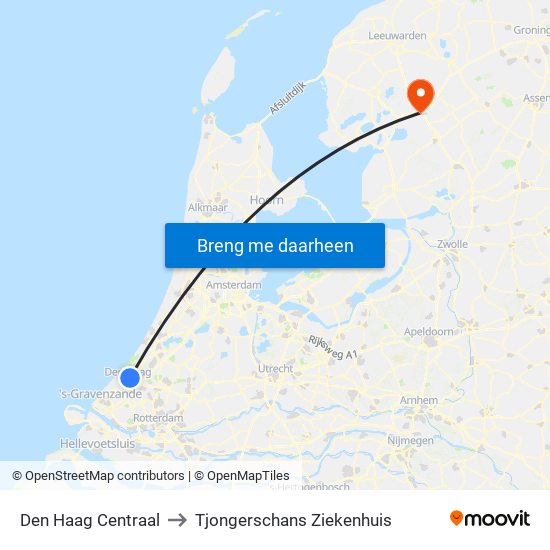 Den Haag Centraal to Tjongerschans Ziekenhuis map