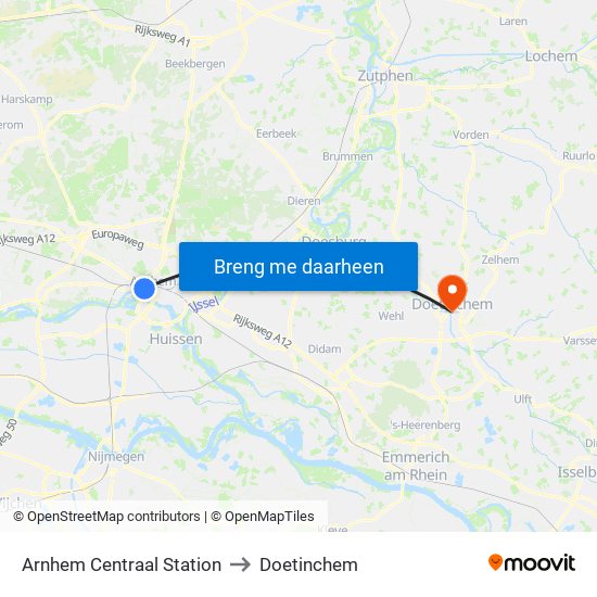 Arnhem Centraal Station to Doetinchem map