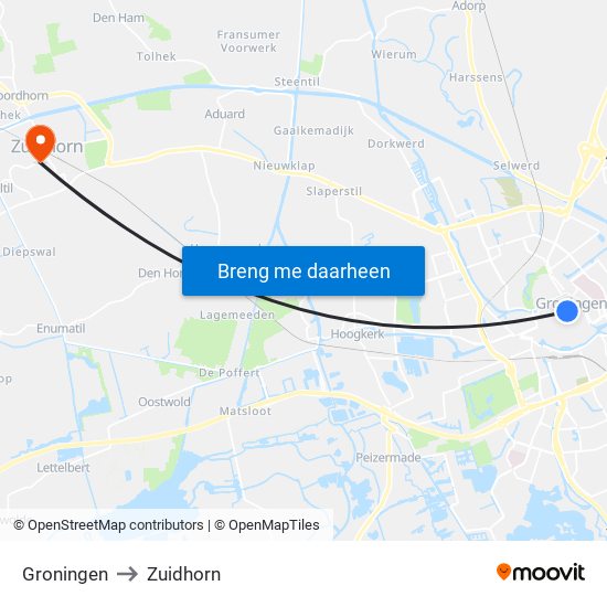Groningen to Zuidhorn map