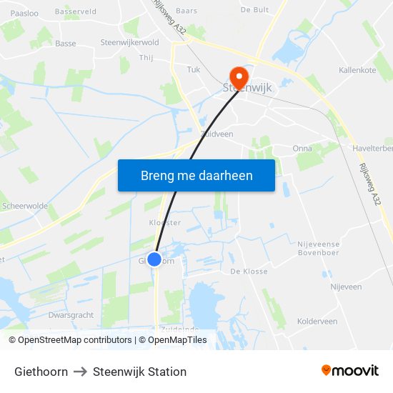 Giethoorn to Steenwijk Station map