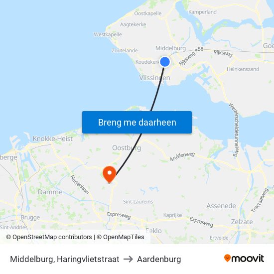 Middelburg, Haringvlietstraat to Aardenburg map