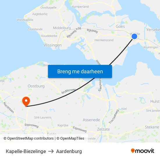 Kapelle-Biezelinge to Aardenburg map
