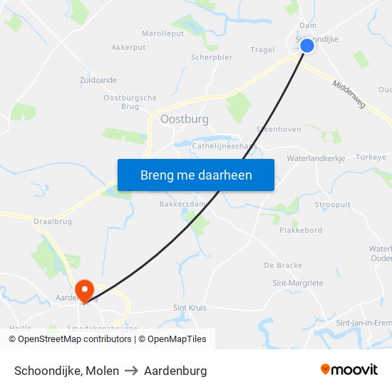 Schoondijke, Molen to Aardenburg map