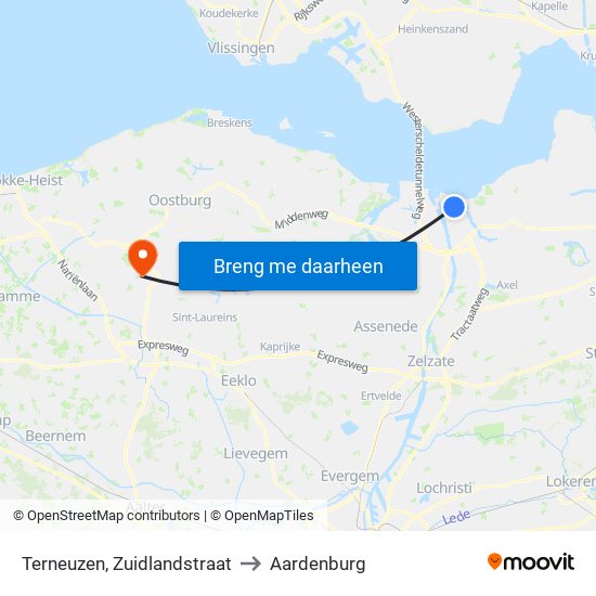 Terneuzen, Zuidlandstraat to Aardenburg map