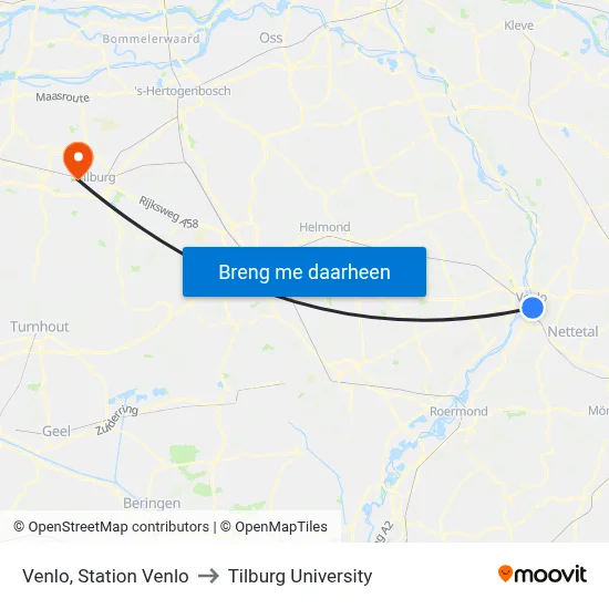 Venlo, Station Venlo to Tilburg University map