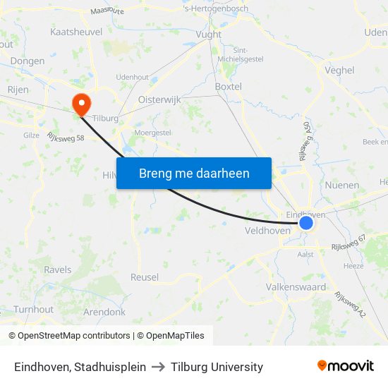 Eindhoven, Stadhuisplein to Tilburg University map