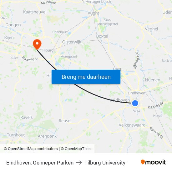 Eindhoven, Genneper Parken to Tilburg University map