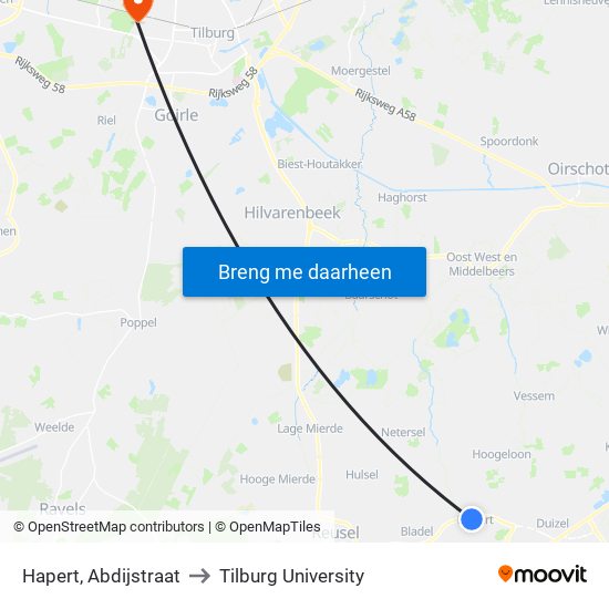 Hapert, Abdijstraat to Tilburg University map