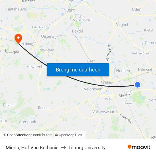 Mierlo, Hof Van Bethanie to Tilburg University map