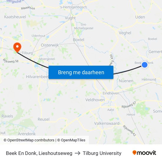 Beek En Donk, Lieshoutseweg to Tilburg University map