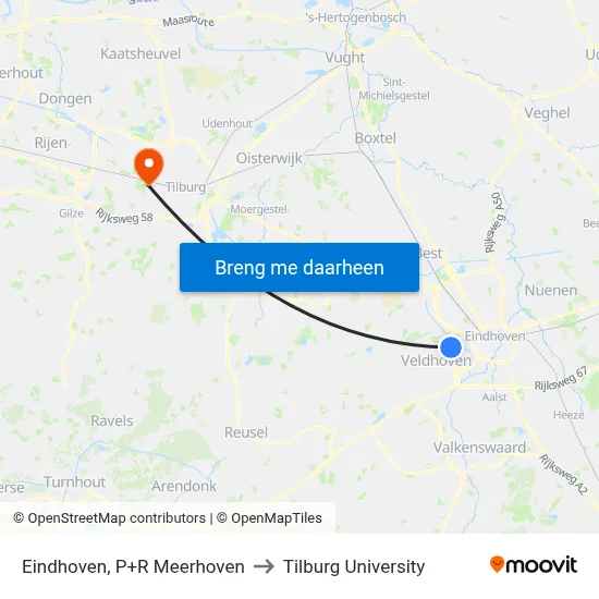 Eindhoven, P+R Meerhoven to Tilburg University map
