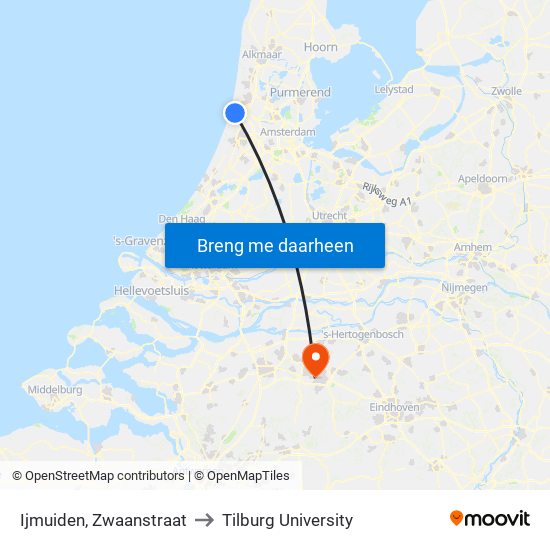 Ijmuiden, Zwaanstraat to Tilburg University map
