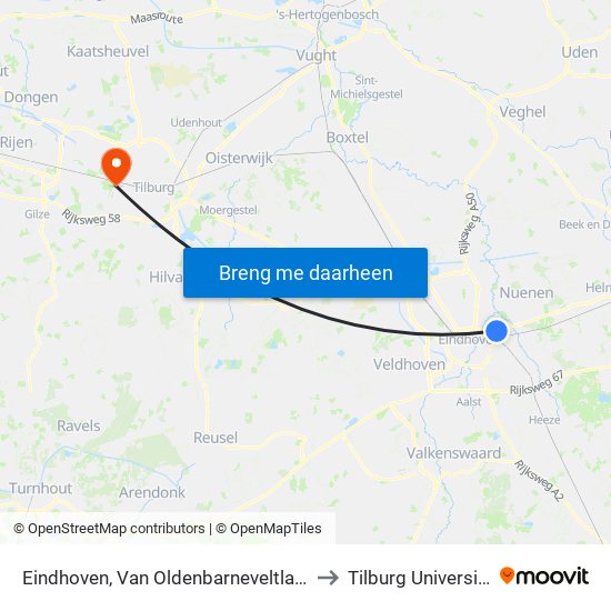 Eindhoven, Van Oldenbarneveltlaan to Tilburg University map