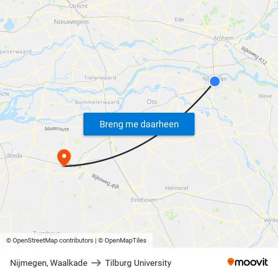 Nijmegen, Waalkade to Tilburg University map